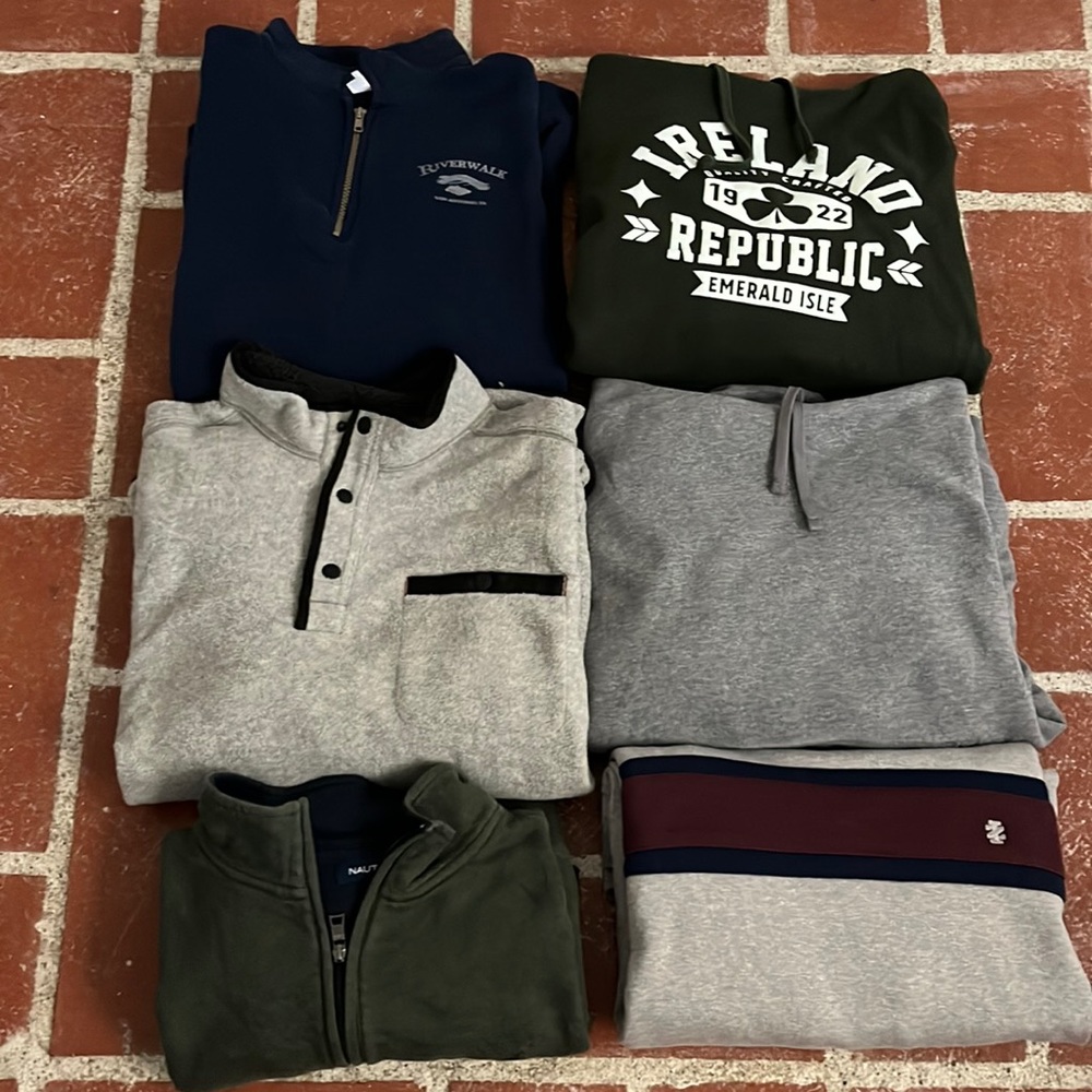 Lot of 6 assorted 1/4 zips hoodies and crew neck jackets all xl